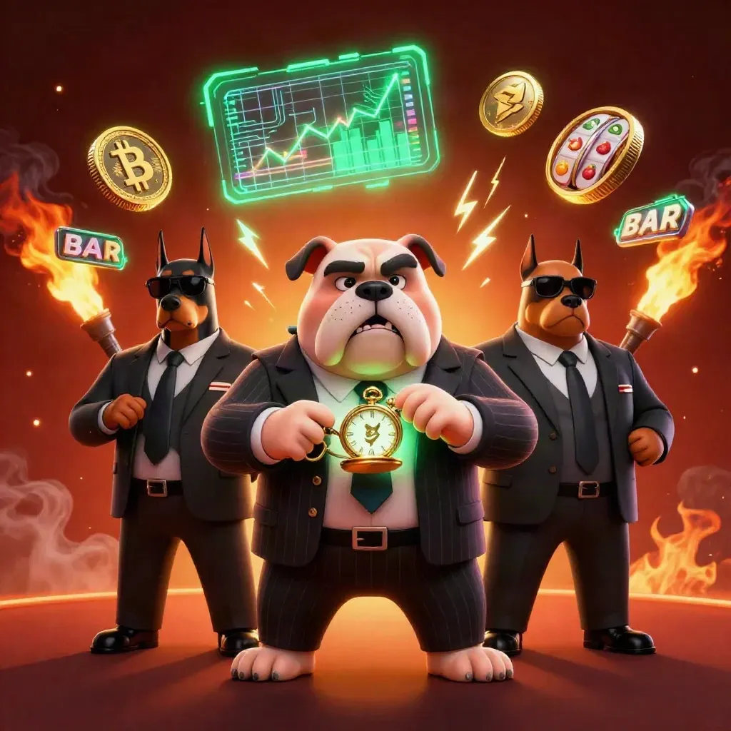 Bulldog boss and two Doberman guards amid glowing coins, lightning, reels, and ember-lit casino energy.