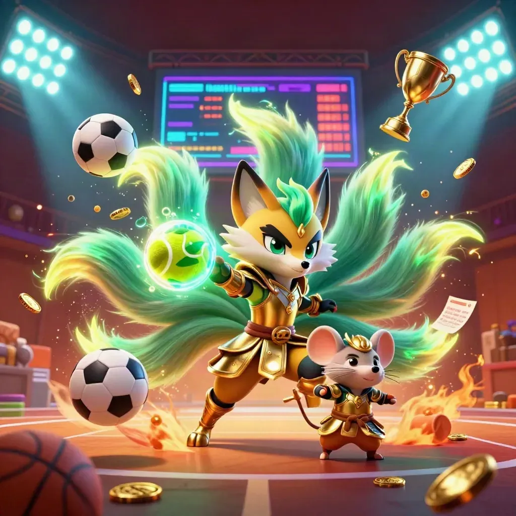 Fox spirit and gold-armoured mouse amid flying sports balls, coins, trophy, and stadium lights.