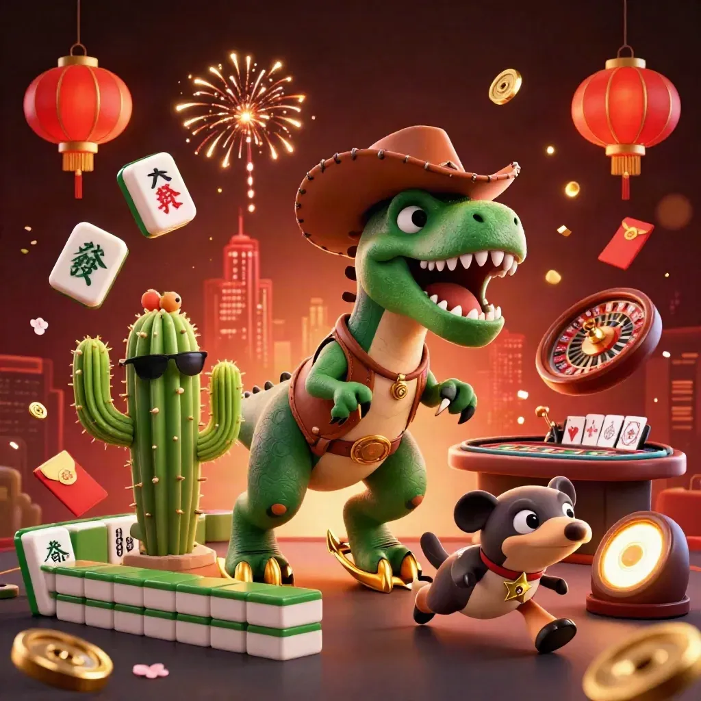 Cartoon cowboy T-Rex, cactus, and roadrunner in a luxe casino scene with glowing game props.