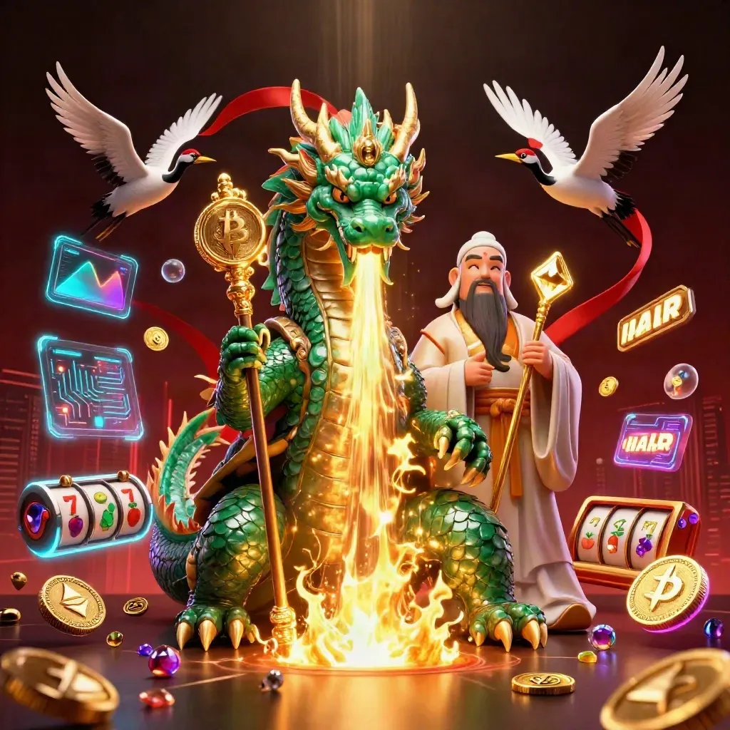 Emerald dragon, turtle sage, and cranes amid coins, fire, and neon casino energy.