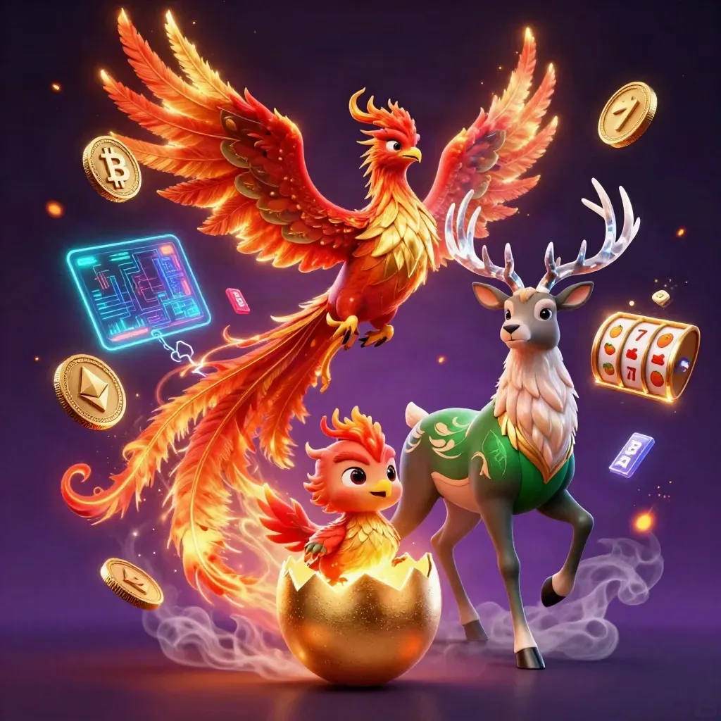 Phoenix, baby phoenix, and crystalline stag amid casino coins and magic sparks