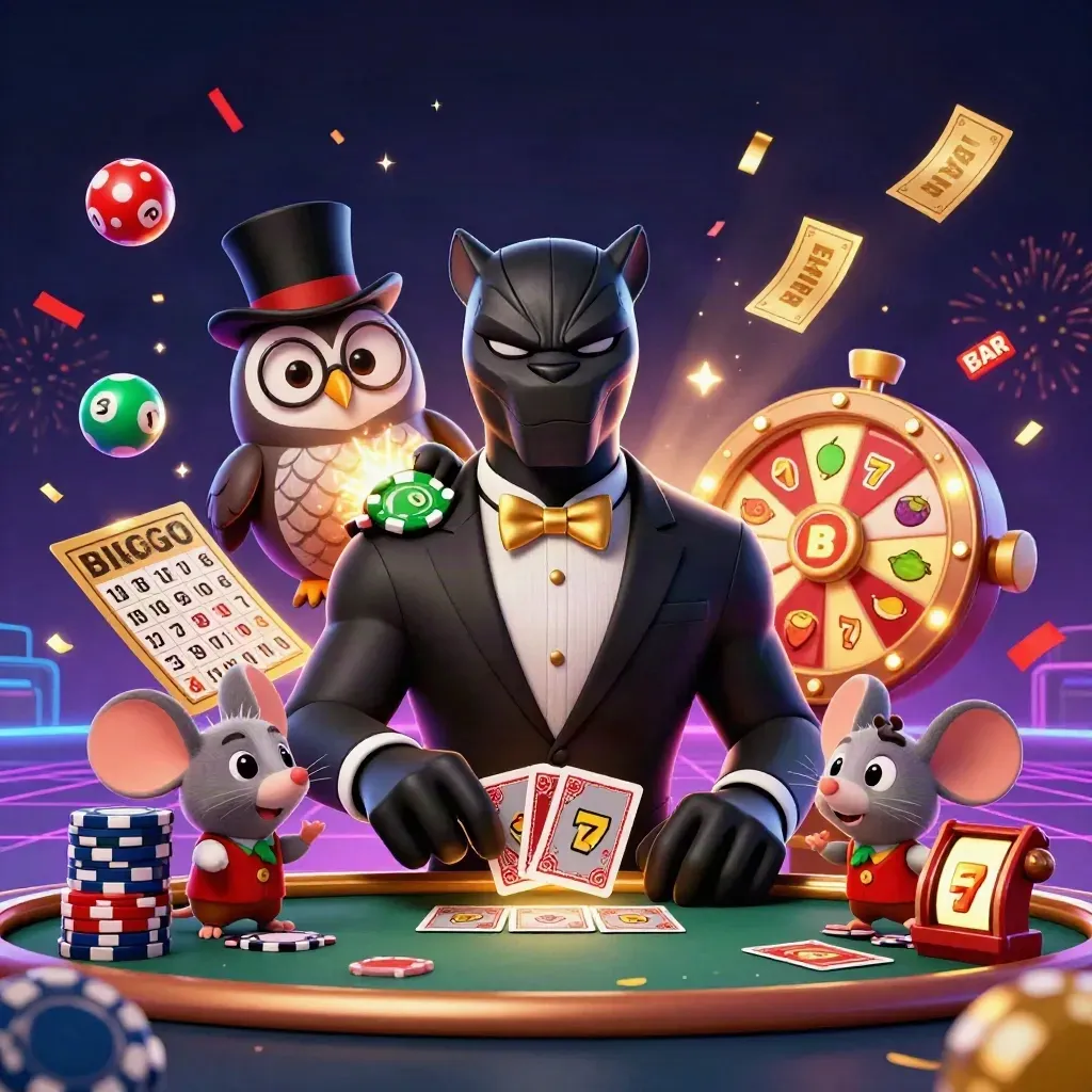 Panther, owl, and mouse amid neon casino symbols, confetti, fireworks, and glowing slot energy.