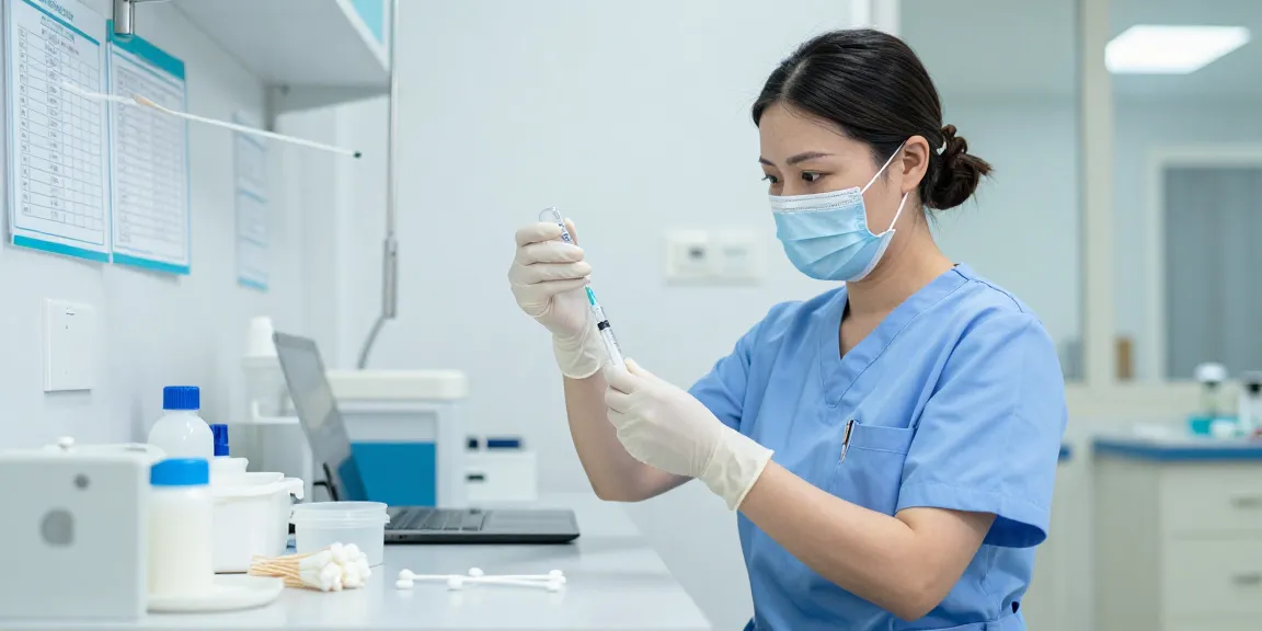 Healthcare professional expertly using a luer lock syringe to draw medication in a sterile clinical environment, showcasing professionalism and precision.